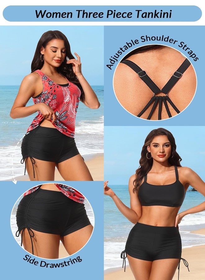Yonique طقم سباحة نسائي من يونيك مكون من 3 قطع، تانكيني مع شورت، ملابس سباحة رياضية، توب بدون أكمام مع حمالة صدر وشورت قصير، بنقشة زهور حمراء، مقاس L - Image 5